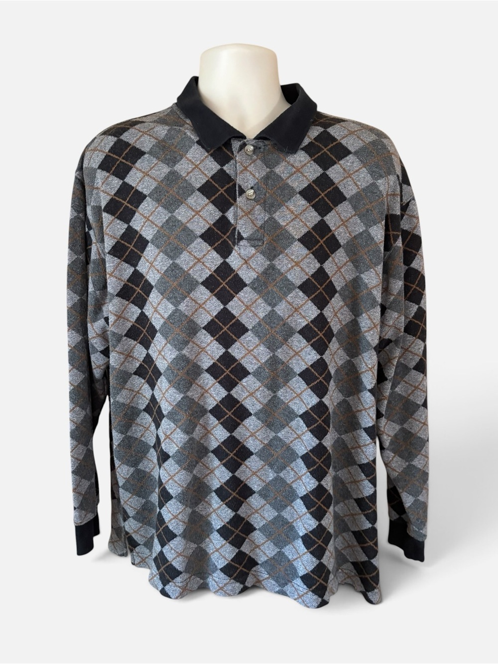Vintage 90’s Knightsbridge Long Sleeve Grandpacore Preppy Gray Argyle Polo Shirt